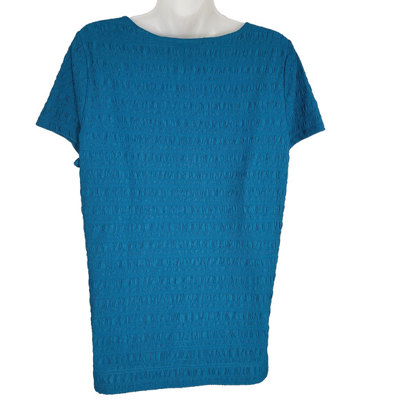East 5th Womens Top Textured Stretch Blue Blouse Short Sleeve Round Neck Large - Picture 2 of 8